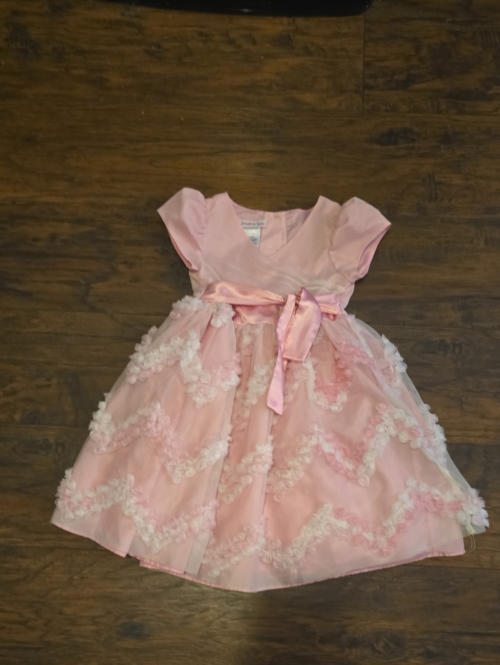 Jessica Ann Pink Floral Appliqué Dress with Satin Waist Bow